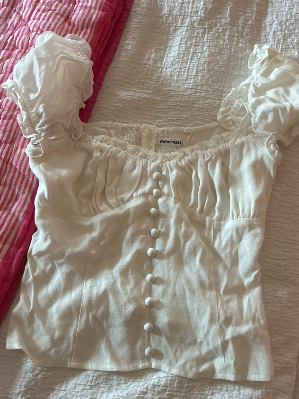Reformation Ivory Puff-Sleeve Button Front Blouse